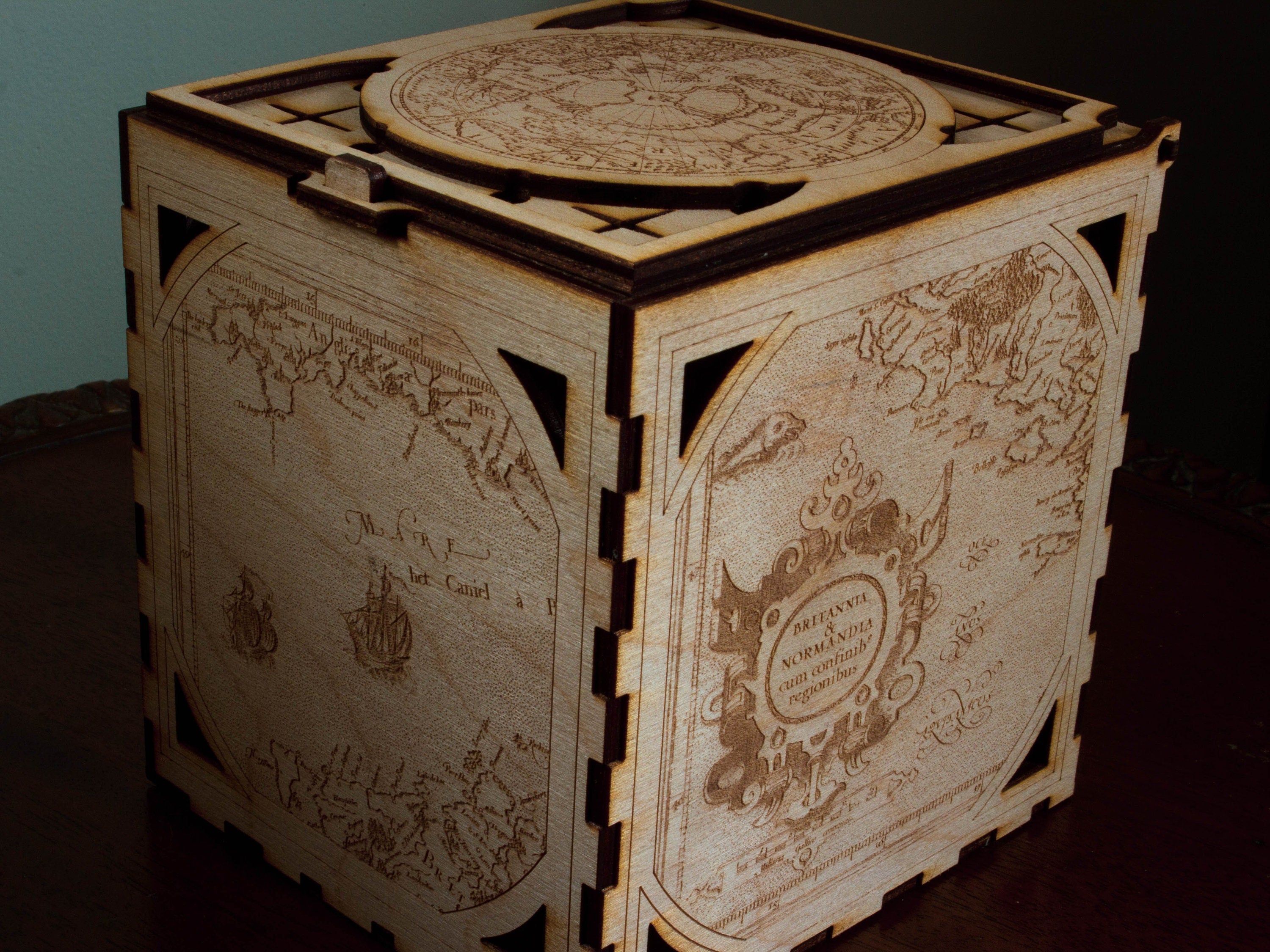 Engraved Wooden Box: Victorian Nautical Map Keepsake