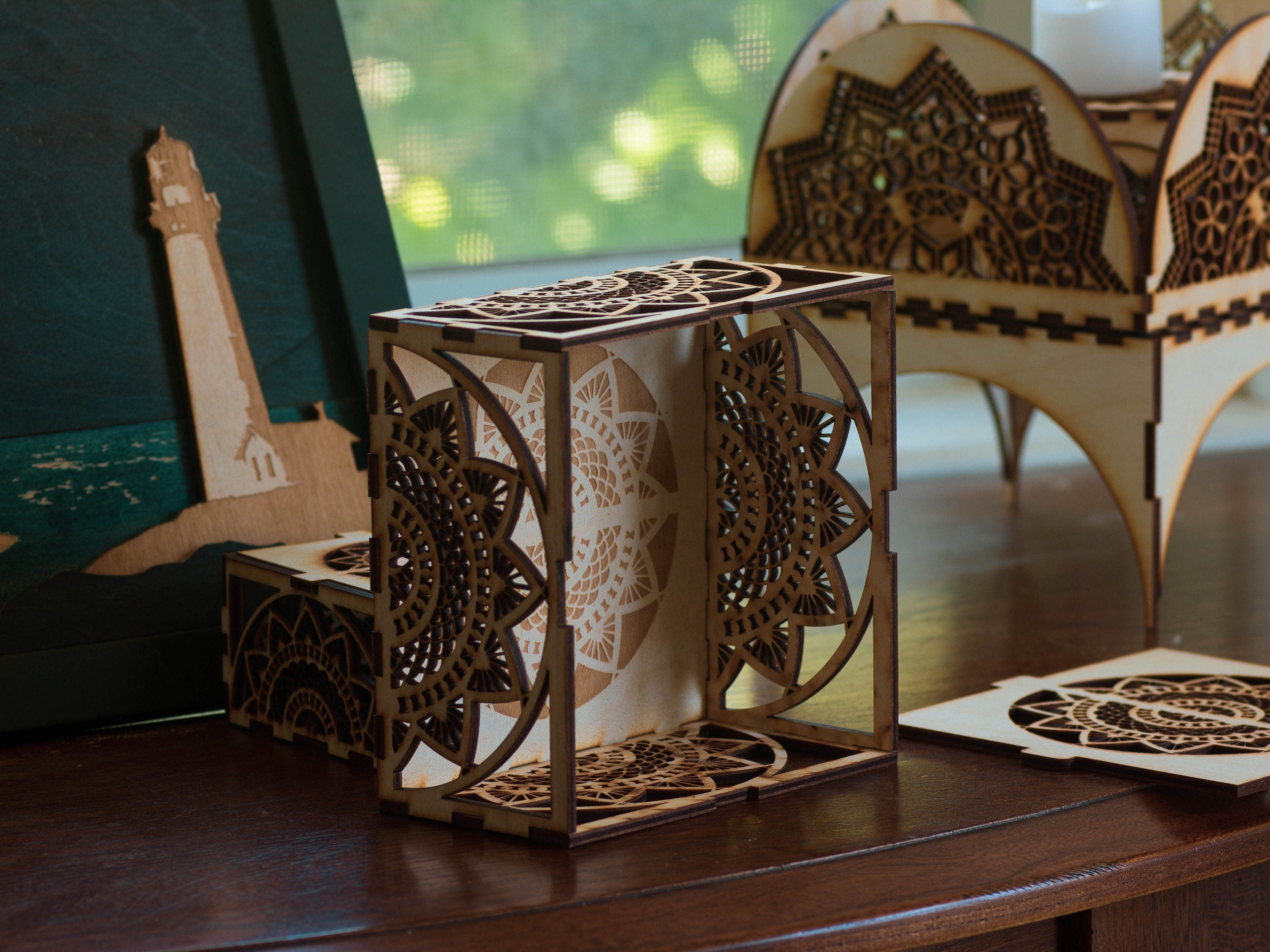 Mandala Wooden LED Candle Holder: Intricate Pattern, Home Decor