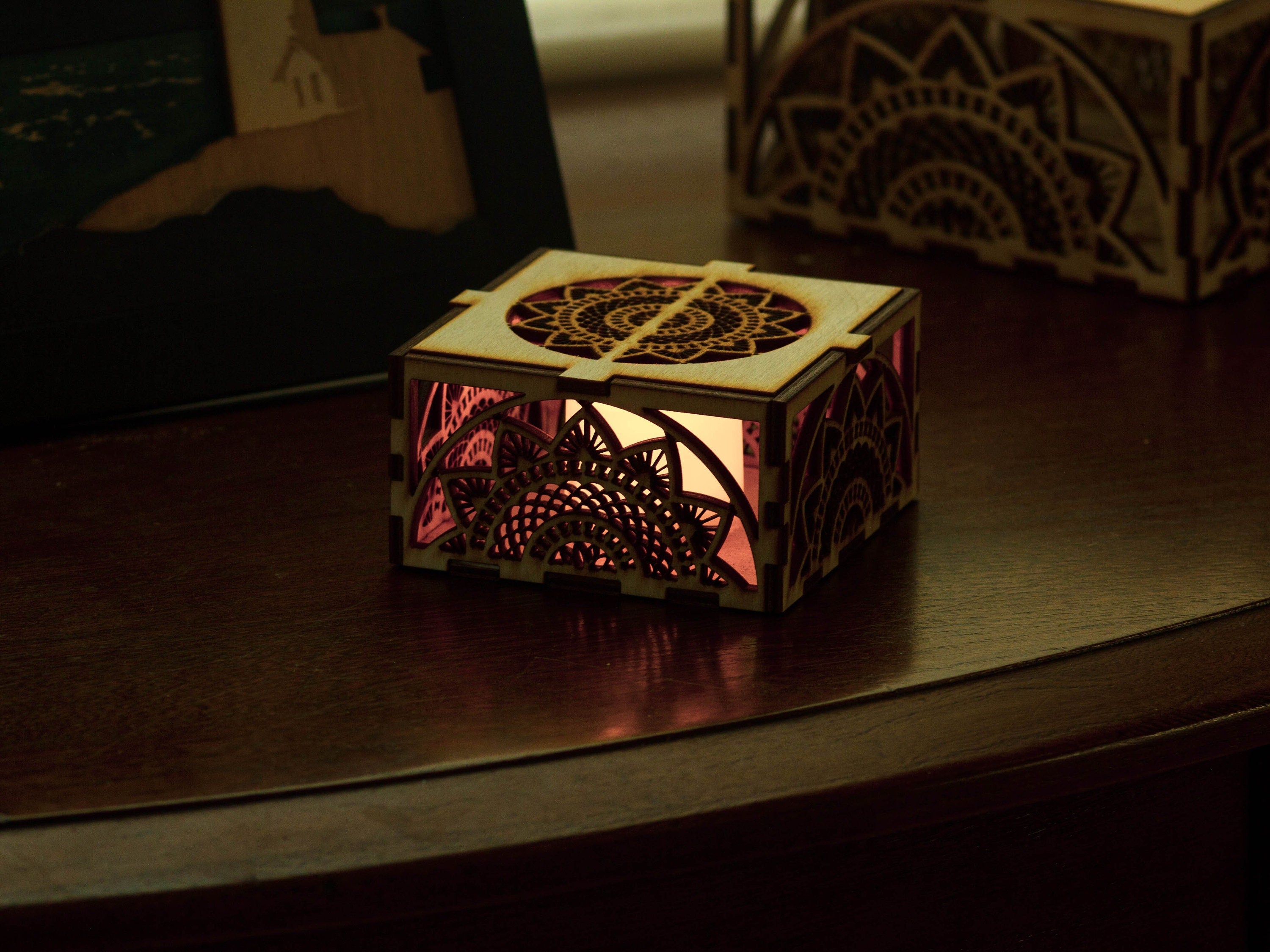 Mandala Wooden LED Candle Holder: Intricate Pattern, Home Decor