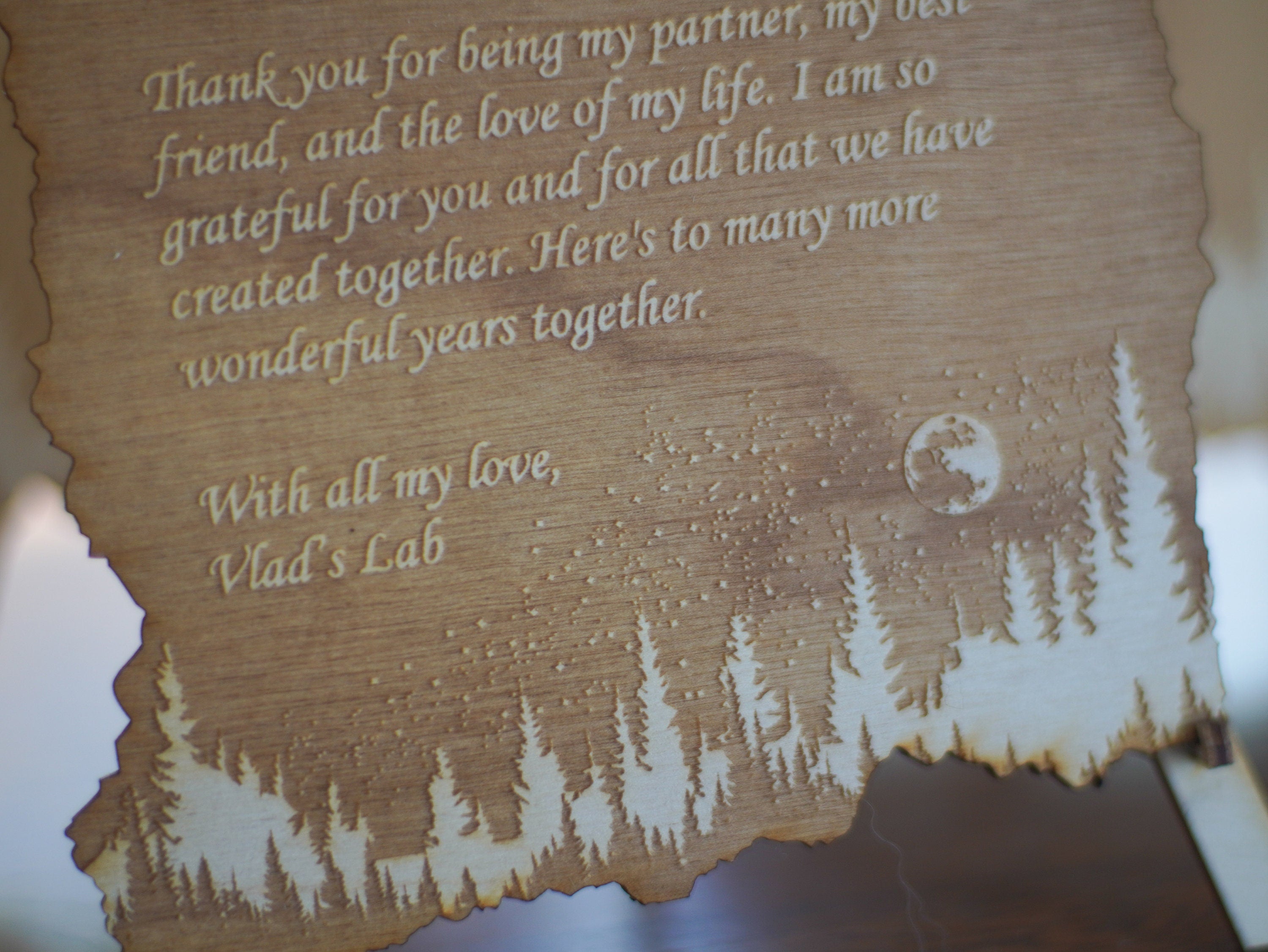 Personalized forest and night sky letter. Wood engraved poem. Rustic Home decor