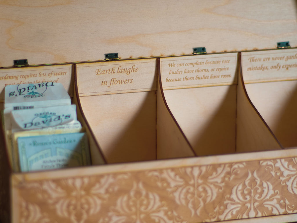 Engraved Wooden Seed Storage Box | Personalized Garden Seed Organizer with Wall Mount | 4 Compartments, Custom Labels