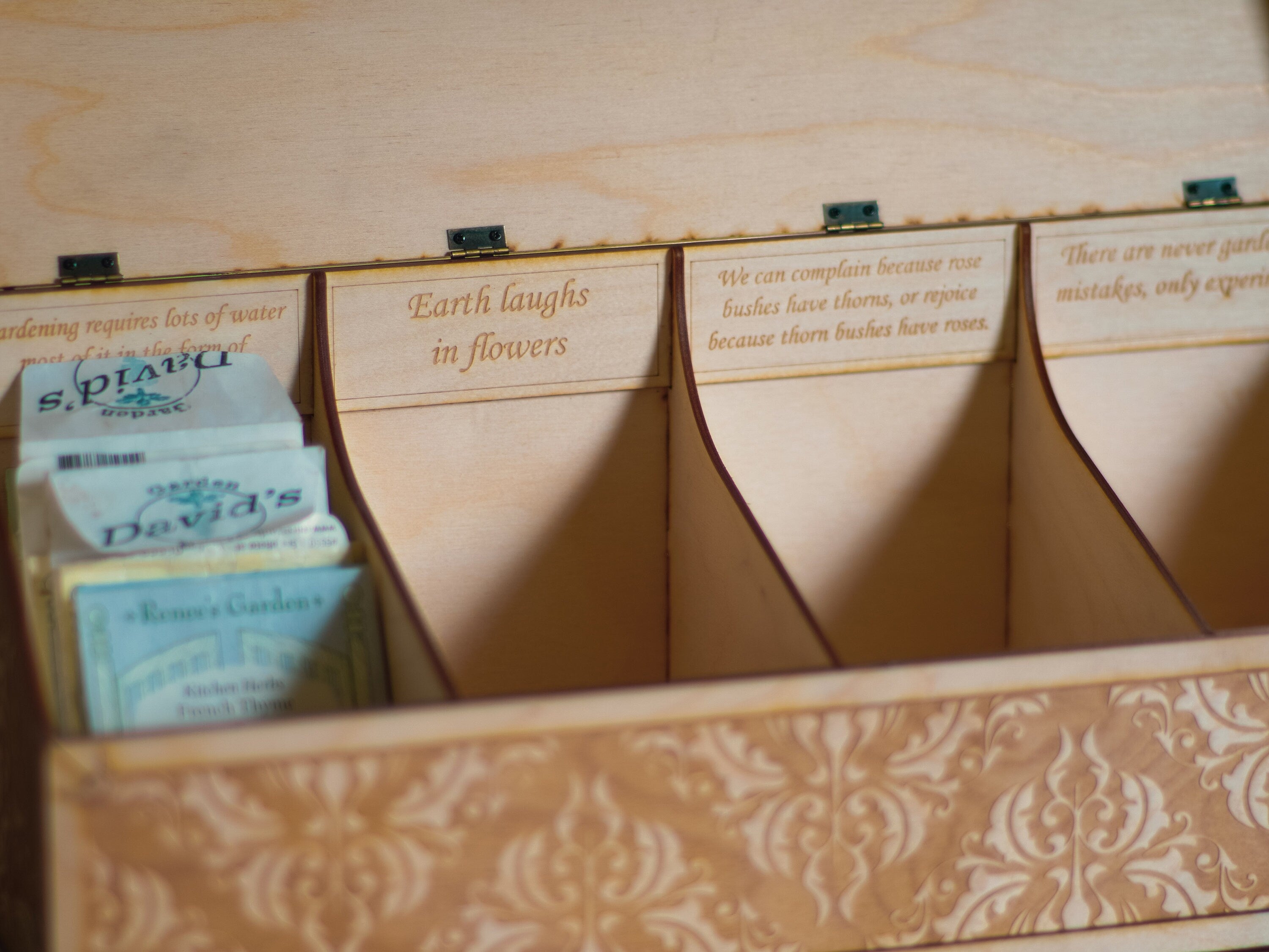 Engraved Wooden Seed Storage Box | Personalized Garden Seed Organizer with Wall Mount | 4 Compartments, Custom Labels