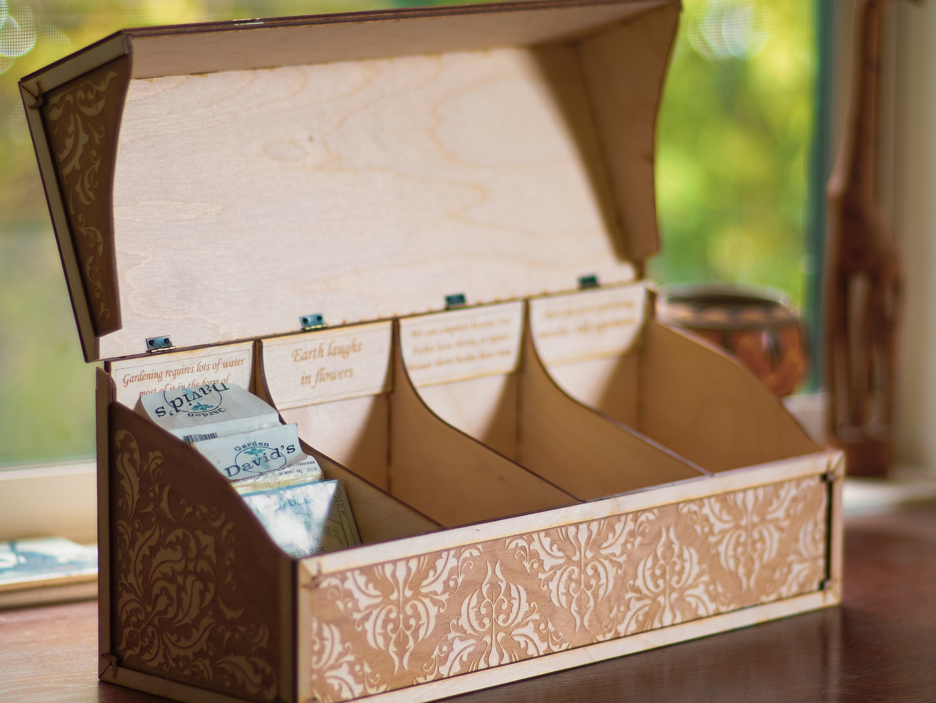 Engraved Wooden Seed Storage Box | Personalized Garden Seed Organizer with Wall Mount | 4 Compartments, Custom Labels