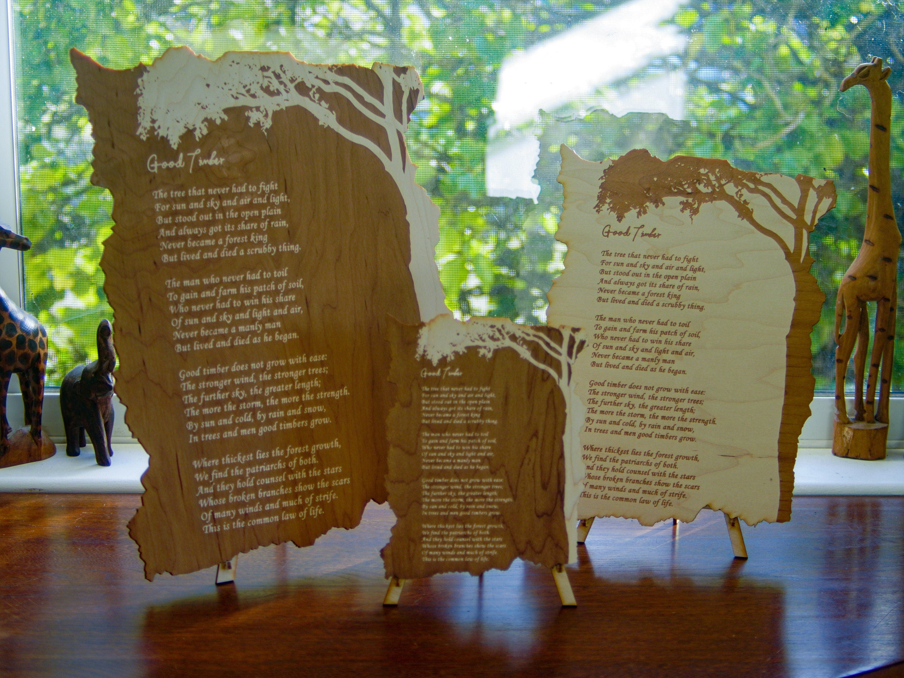 Good Timber Wood engraved poem| Poem with a stand | Large, medium and small.