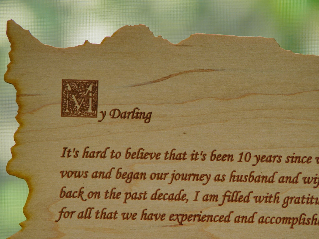 Wood engraved personalized letter | Nature forest theme custom love message with a stand.