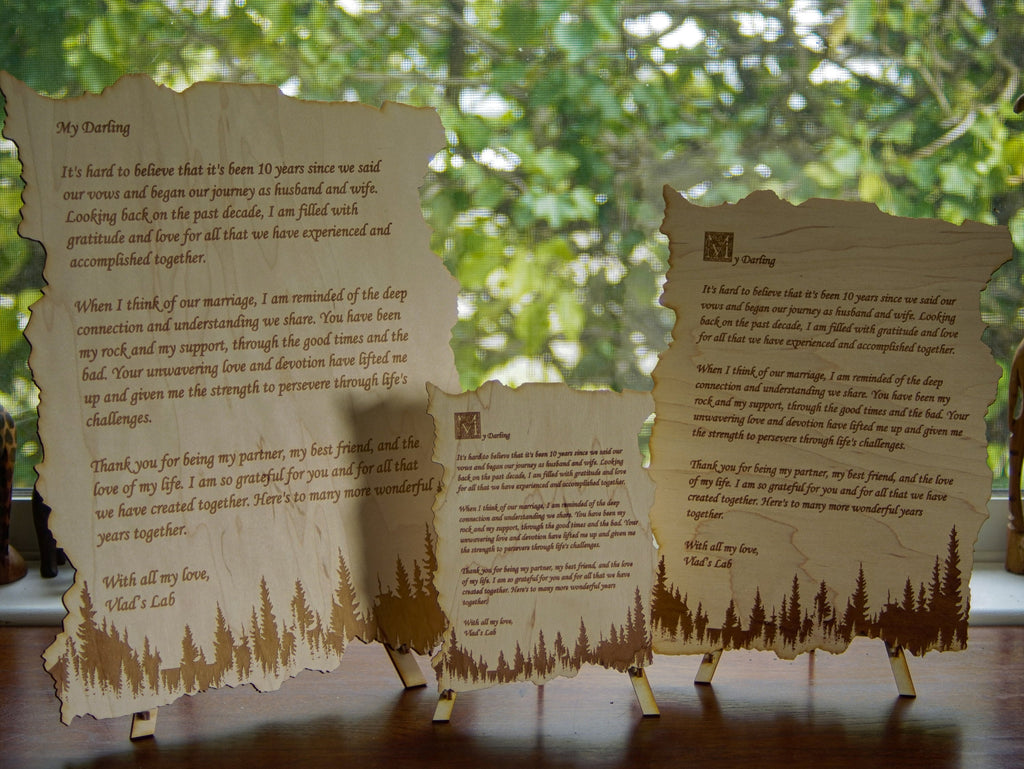 Wood engraved personalized letter | Nature forest theme custom love message with a stand.