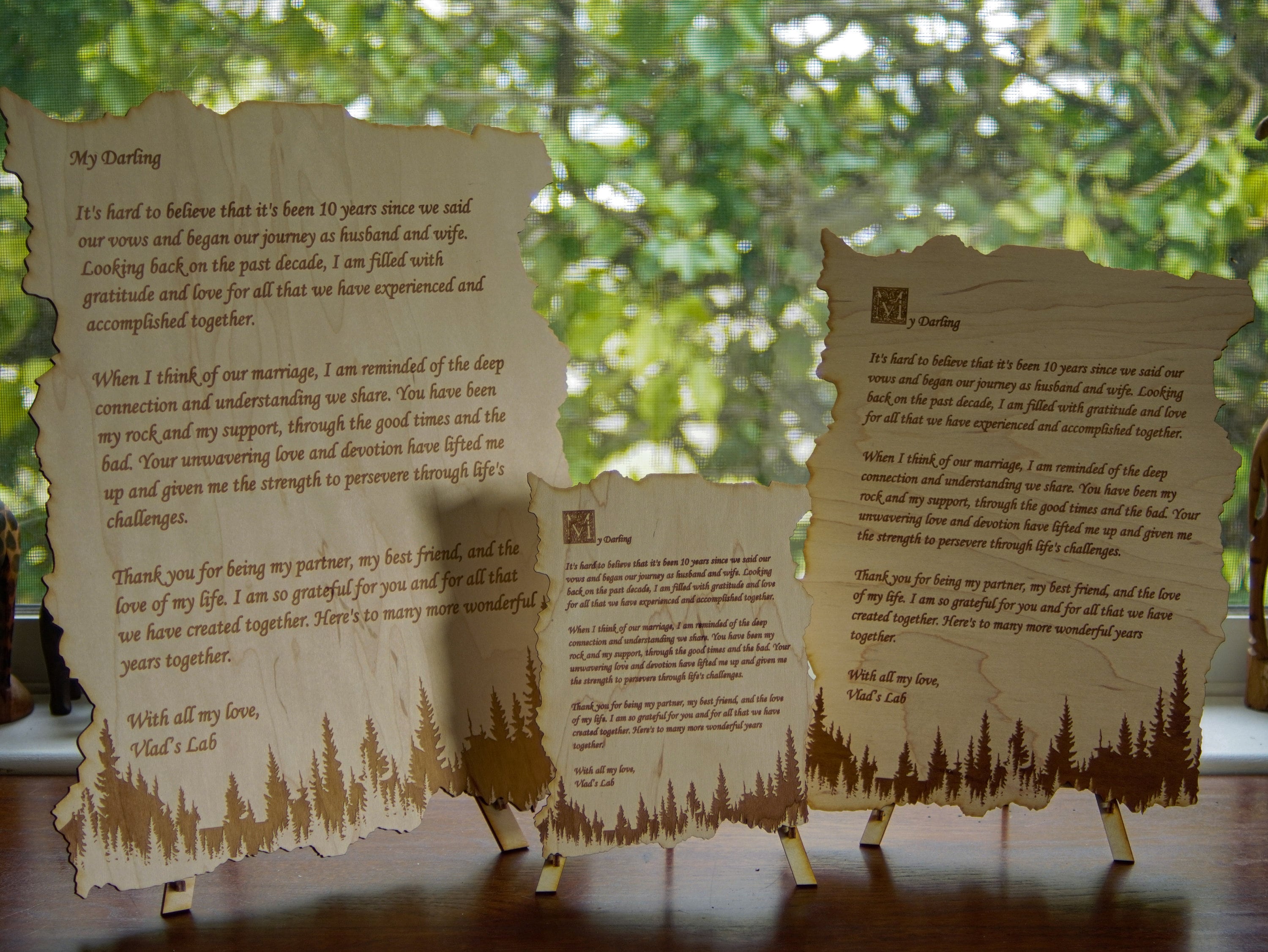Wood engraved personalized letter | Nature forest theme custom love message with a stand.