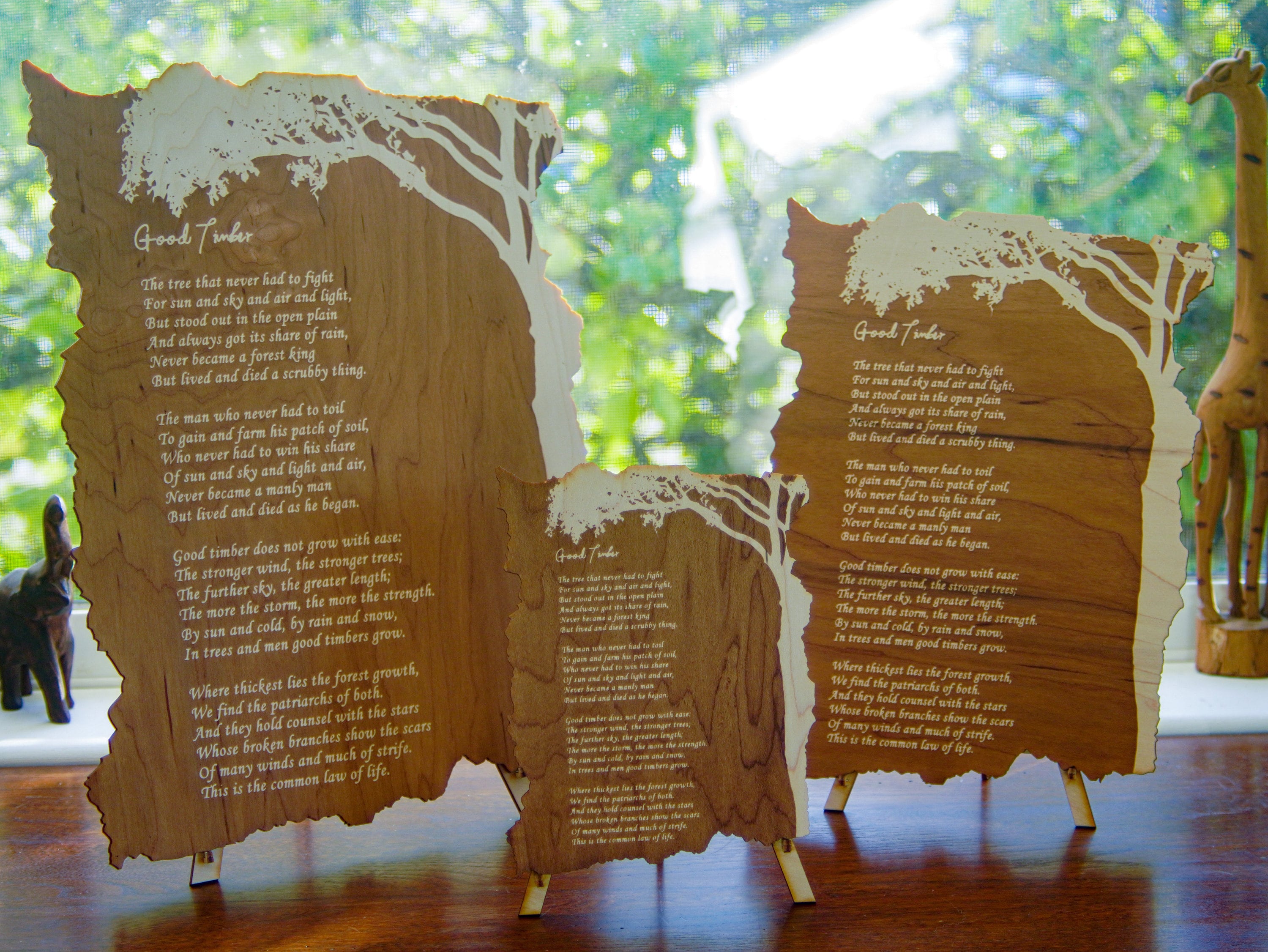 Good Timber Wood engraved poem| Poem with a stand | Large, medium and small.
