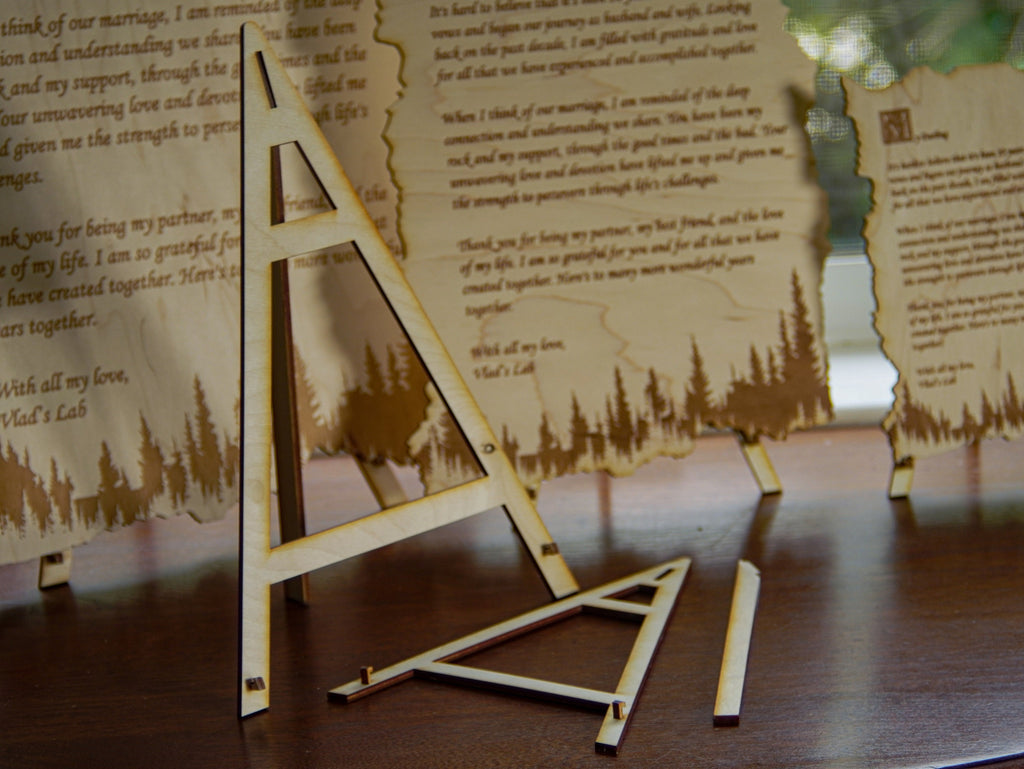 Wood engraved personalized letter | Nature forest theme custom love message with a stand.