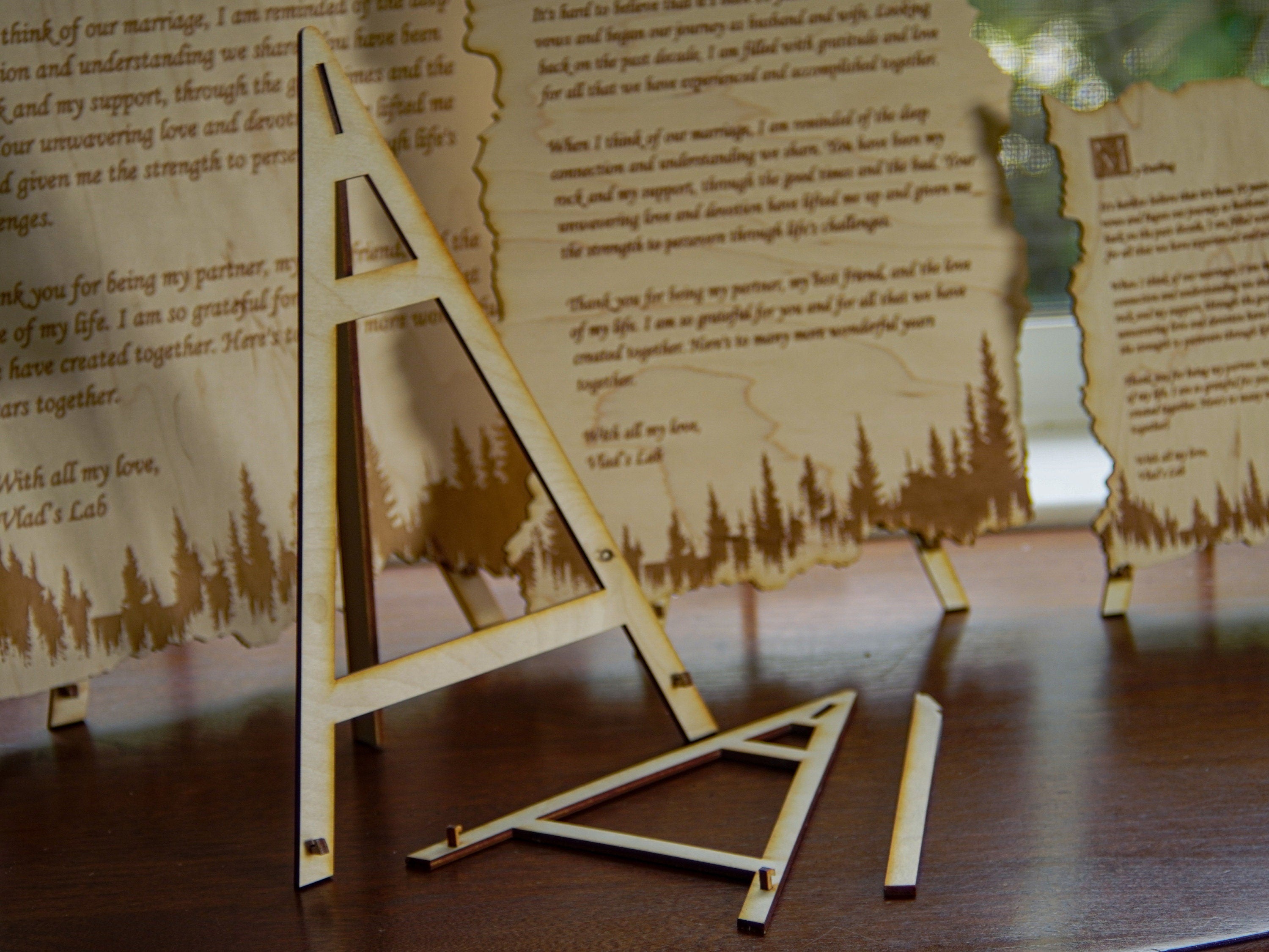 Wood engraved personalized letter | Nature forest theme custom love message with a stand.