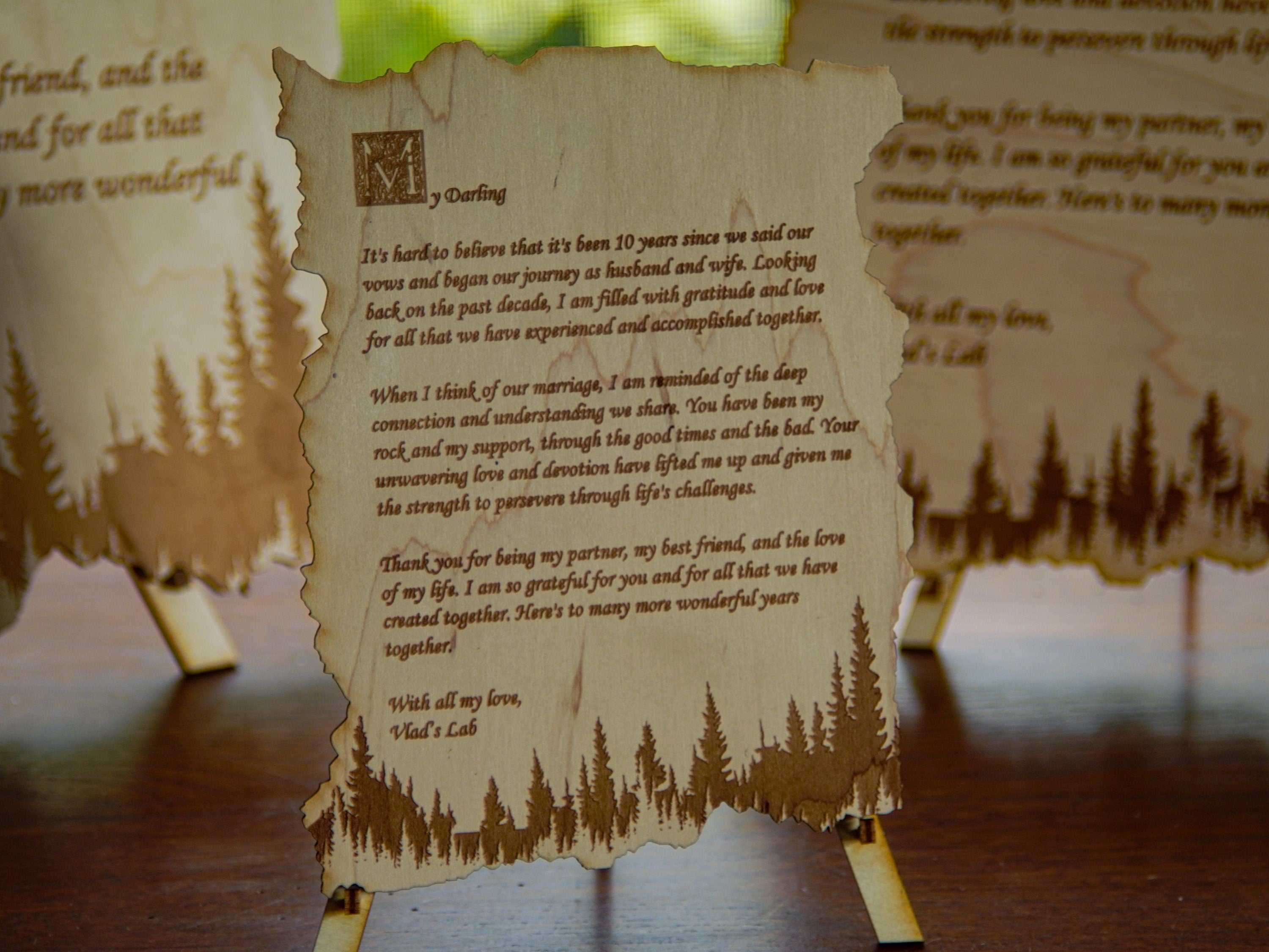 Wood engraved personalized letter | Nature forest theme custom love message with a stand.