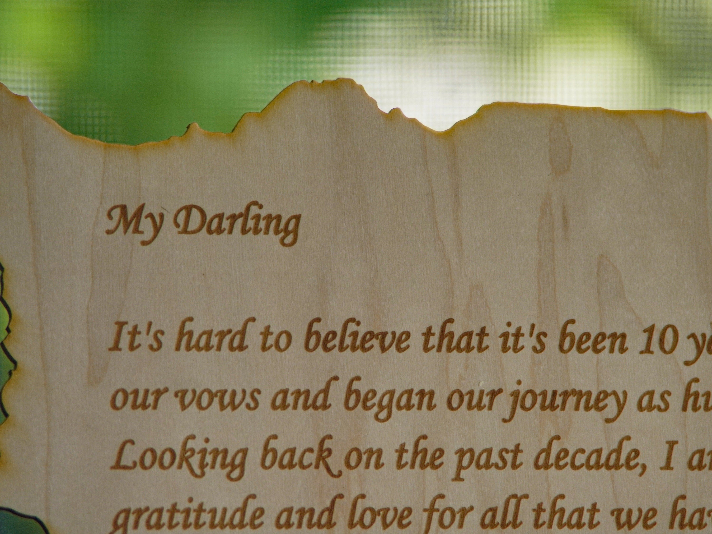 Wood engraved personalized letter | Nature forest theme custom love message with a stand.