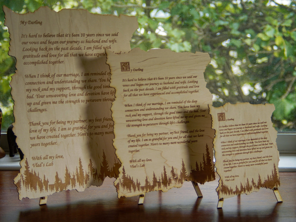 Wood engraved personalized letter | Nature forest theme custom love message with a stand.
