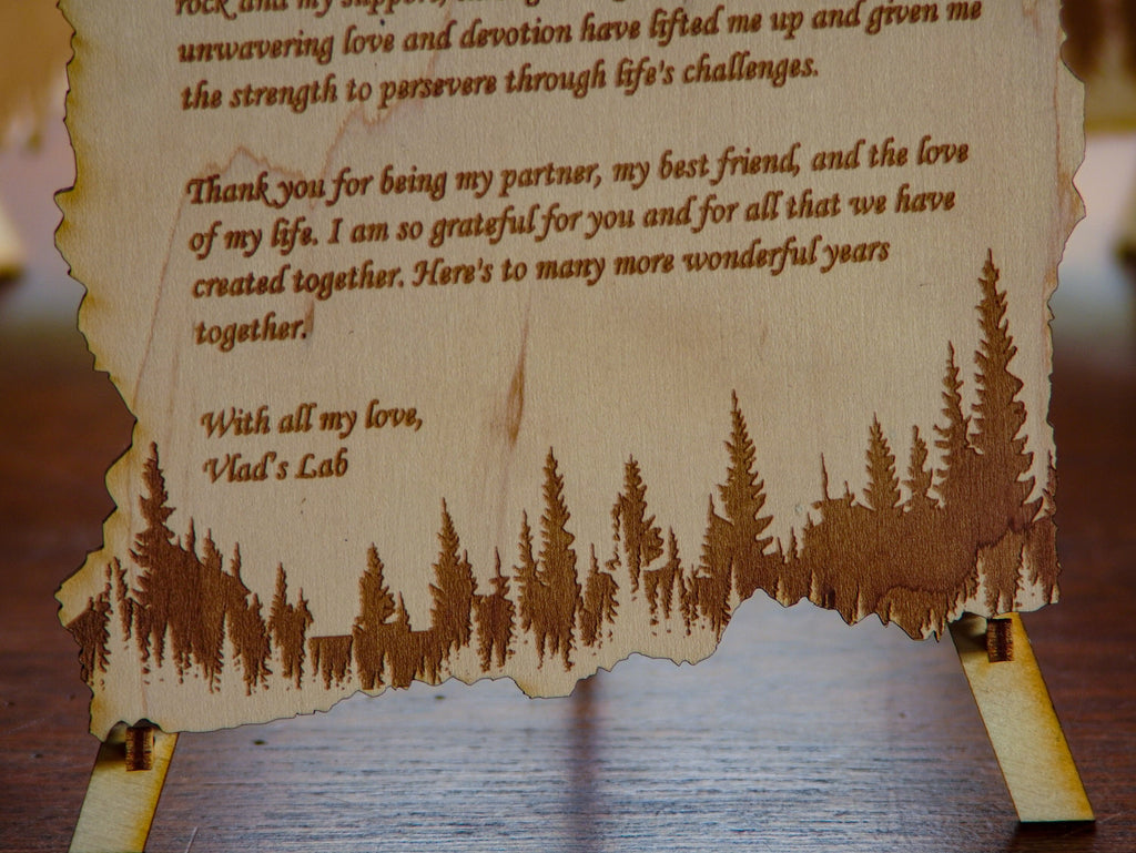 Wood engraved personalized letter | Nature forest theme custom love message with a stand.