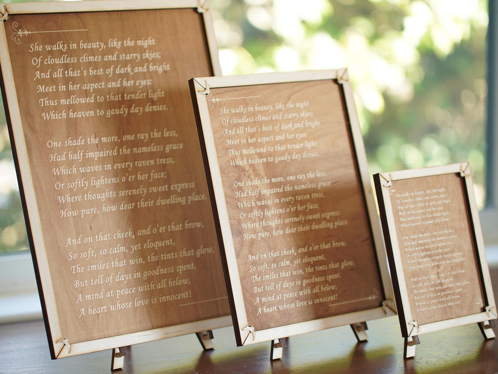 Laser Engraved Wood Plaque: Byron's 'She Walks in Beauty' Poem