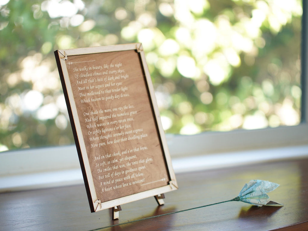 Laser Engraved Wood Plaque: Byron's 'She Walks in Beauty' Poem