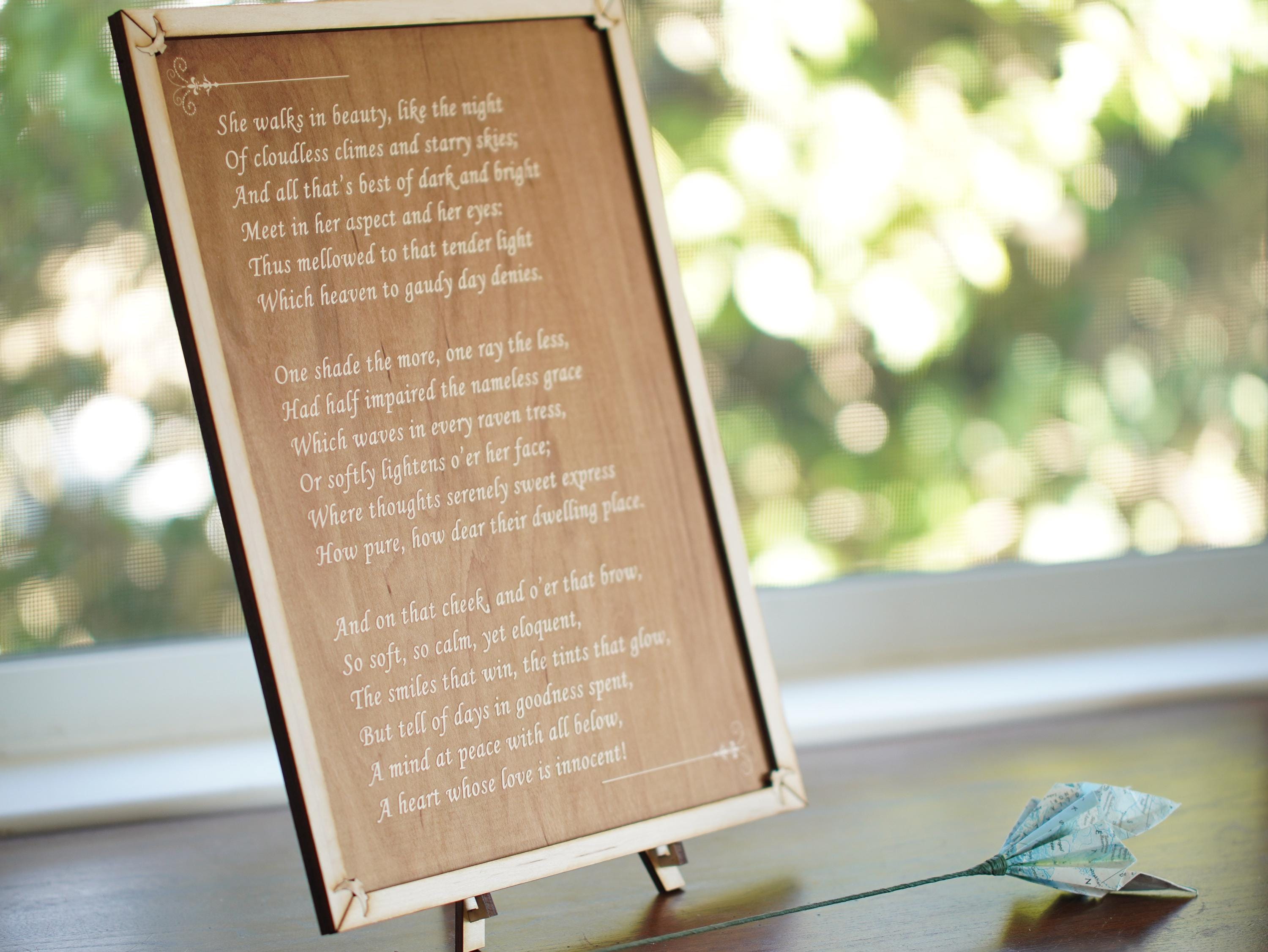 Laser Engraved Wood Plaque: Byron's 'She Walks in Beauty' Poem