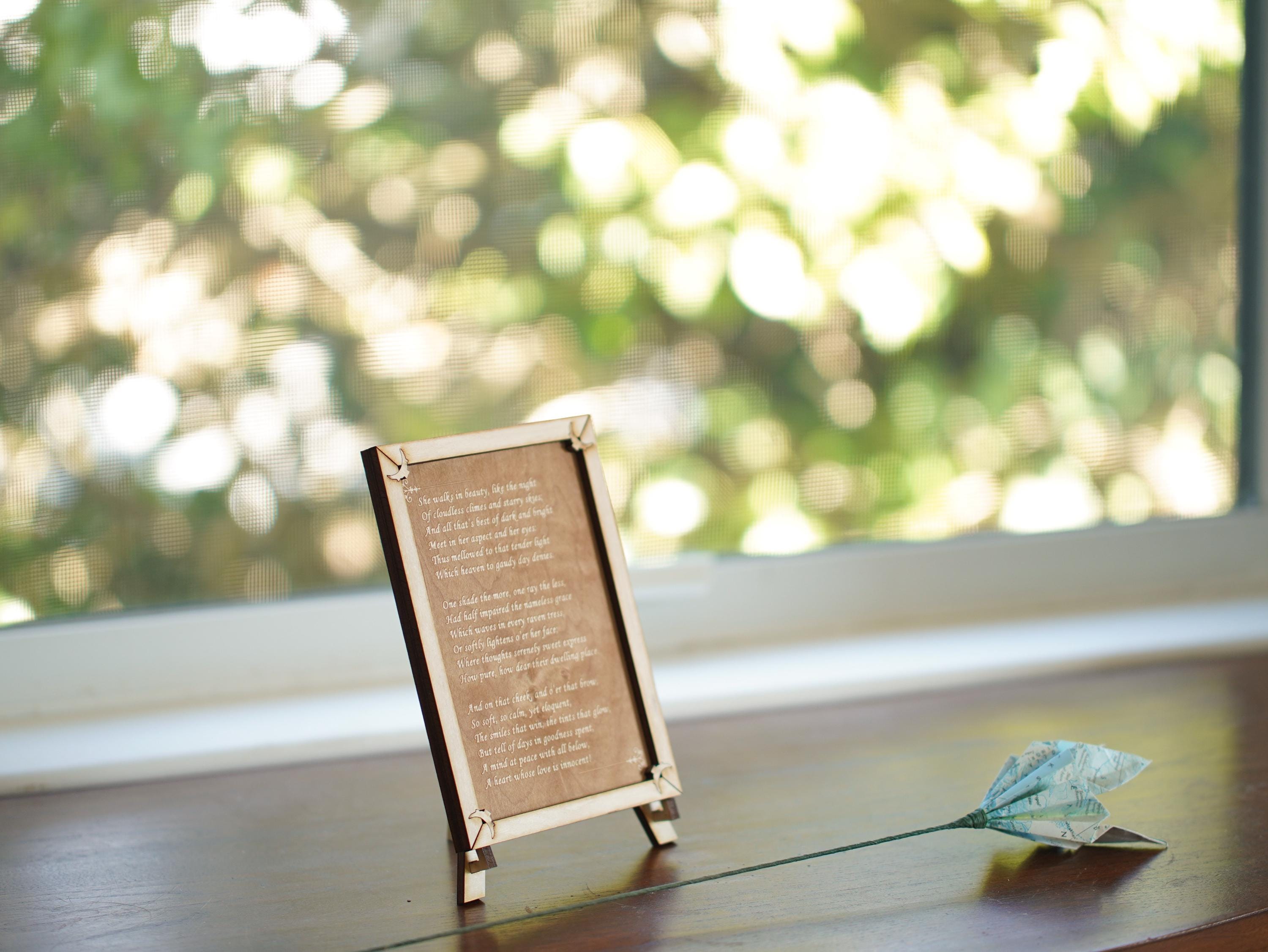 Laser Engraved Wood Plaque: Byron's 'She Walks in Beauty' Poem