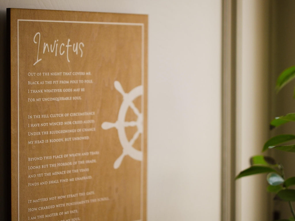 Engraved “Invictus” Poem Wood Plaque by William Ernest Henley – Inspirational Literary Wall Art – Graduation Gift