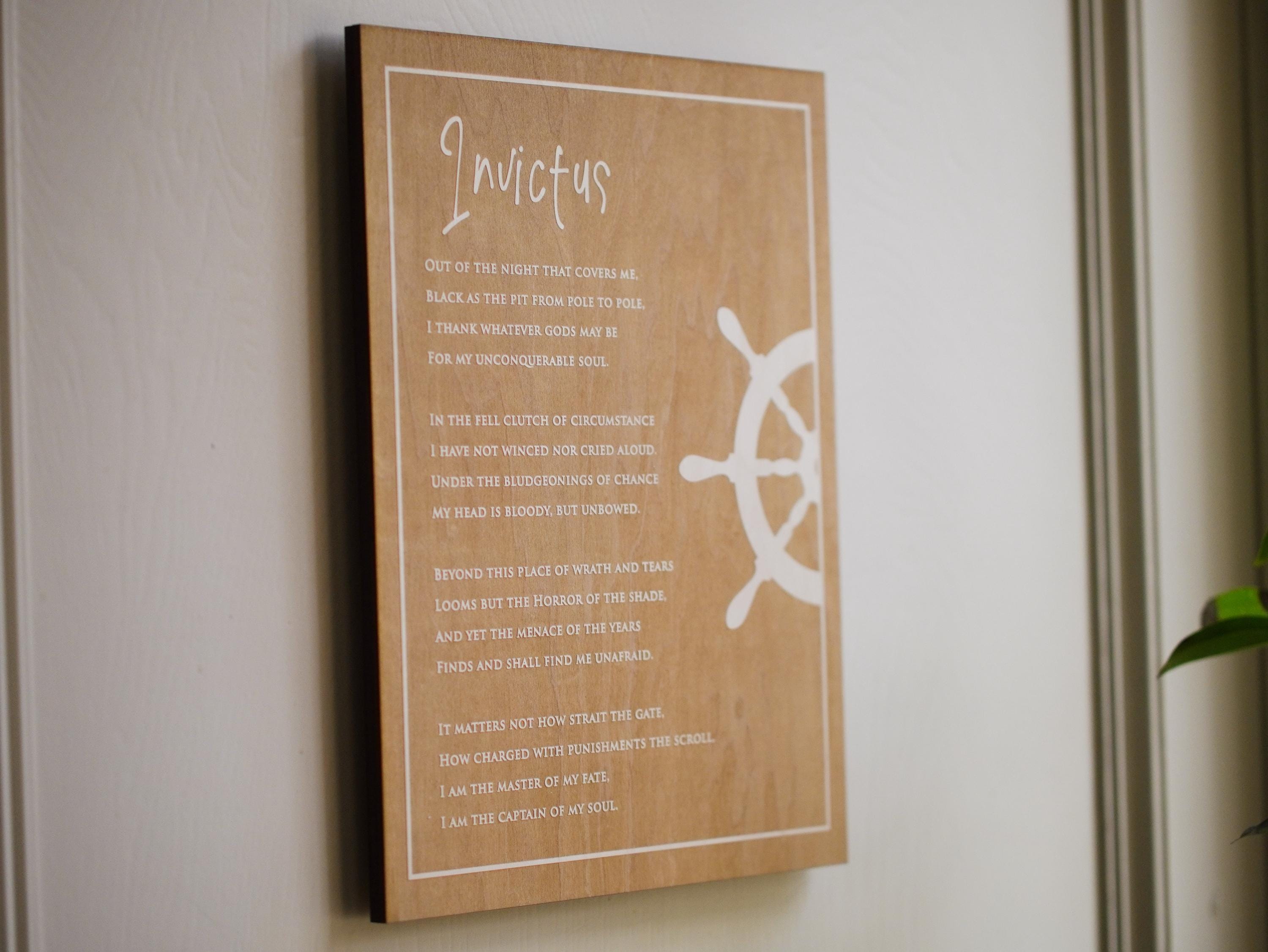 Engraved “Invictus” Poem Wood Plaque by William Ernest Henley – Inspirational Literary Wall Art – Graduation Gift