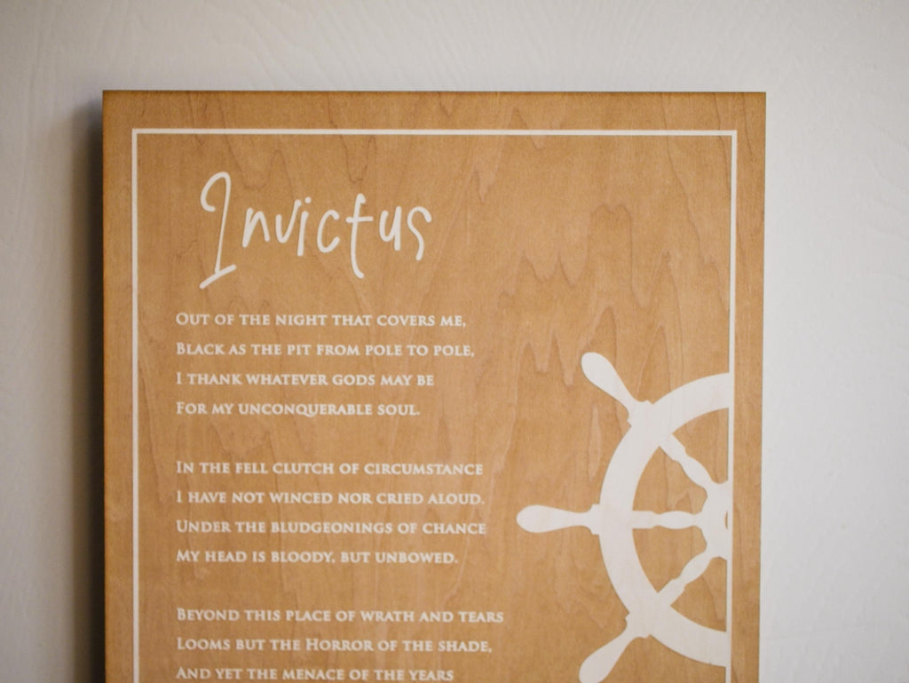 Engraved “Invictus” Poem Wood Plaque by William Ernest Henley – Inspirational Literary Wall Art – Graduation Gift