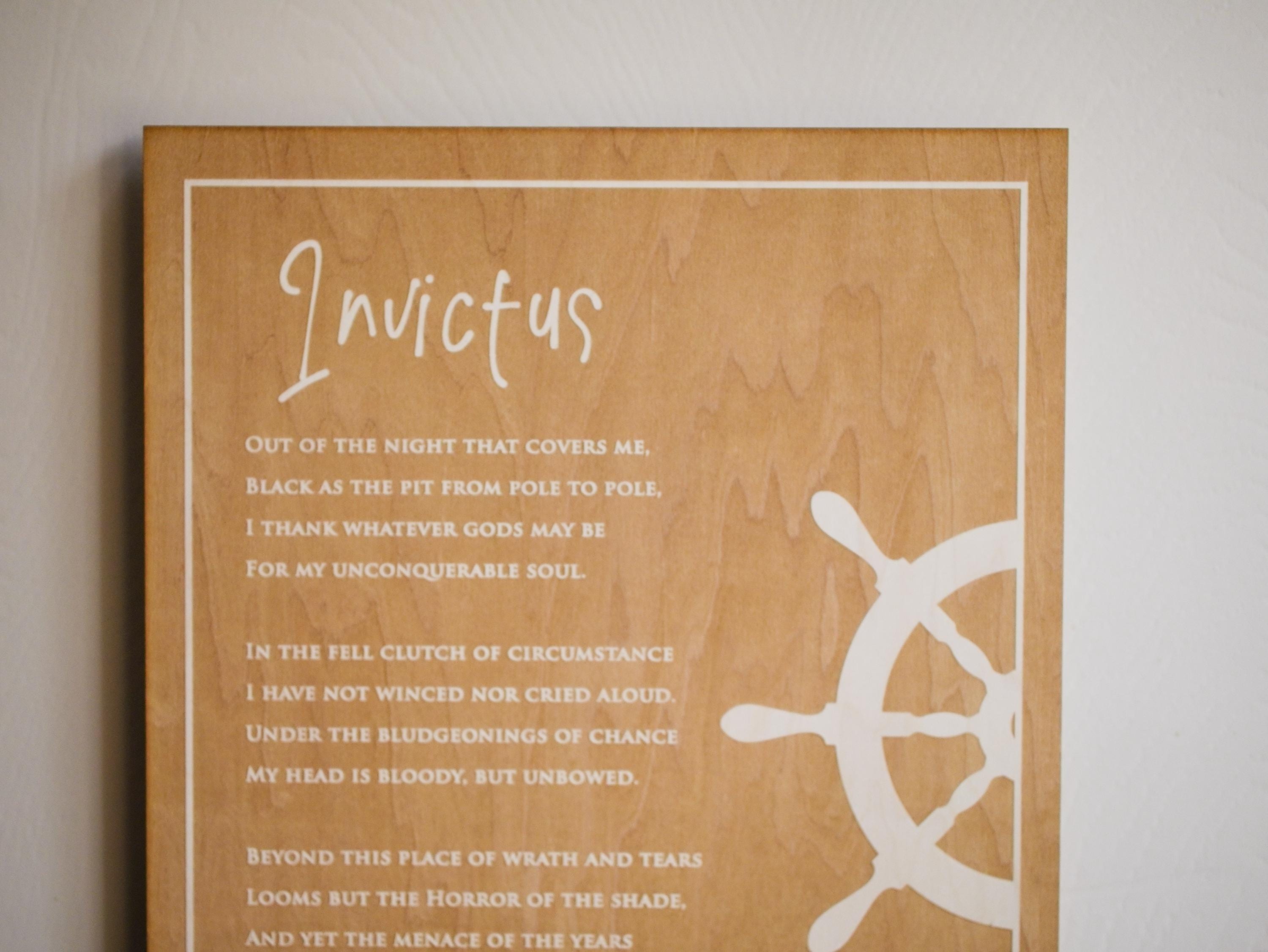 Engraved “Invictus” Poem Wood Plaque by William Ernest Henley – Inspirational Literary Wall Art – Graduation Gift