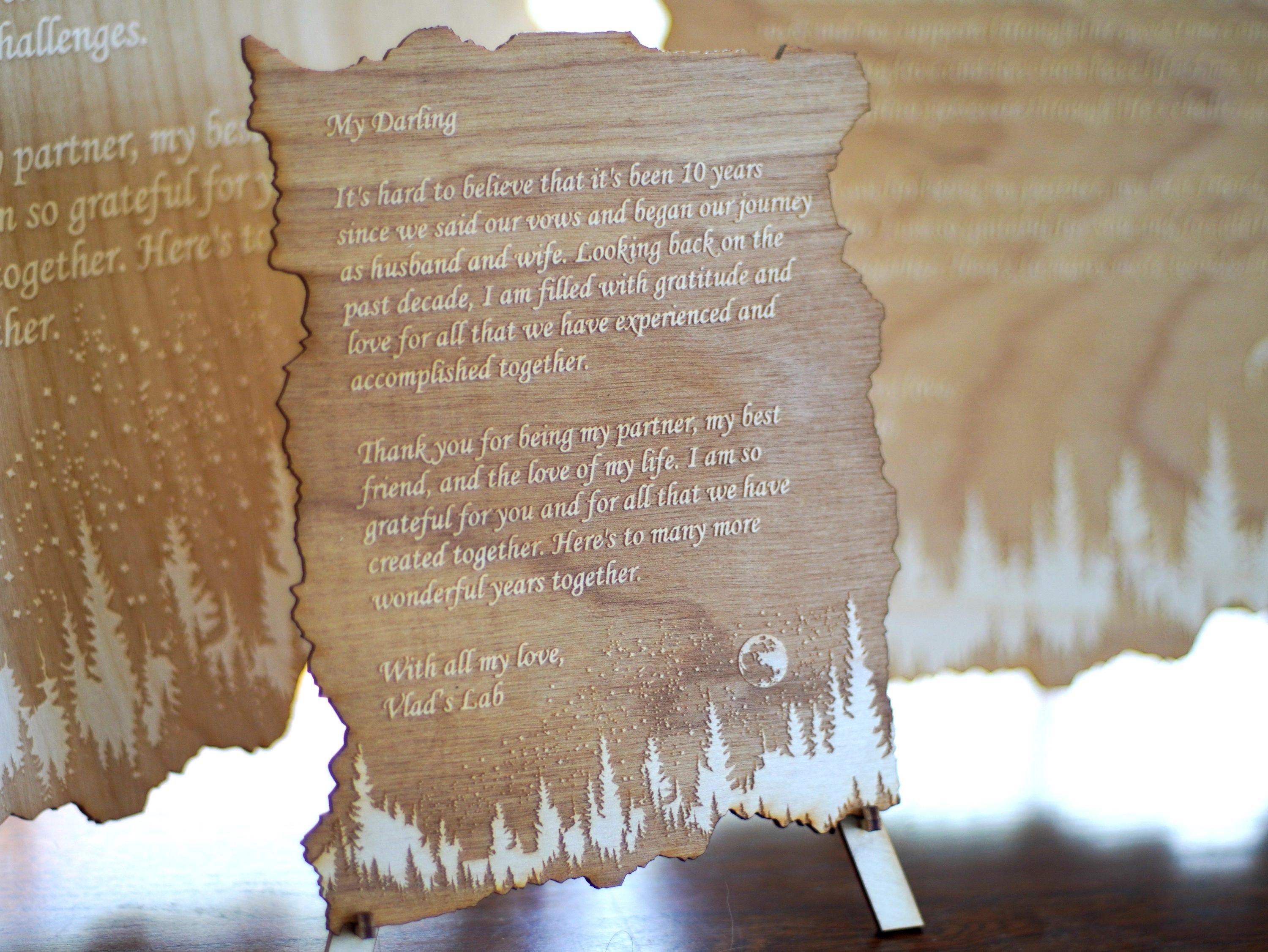 Personalized forest and night sky letter. Wood engraved poem. Rustic Home decor