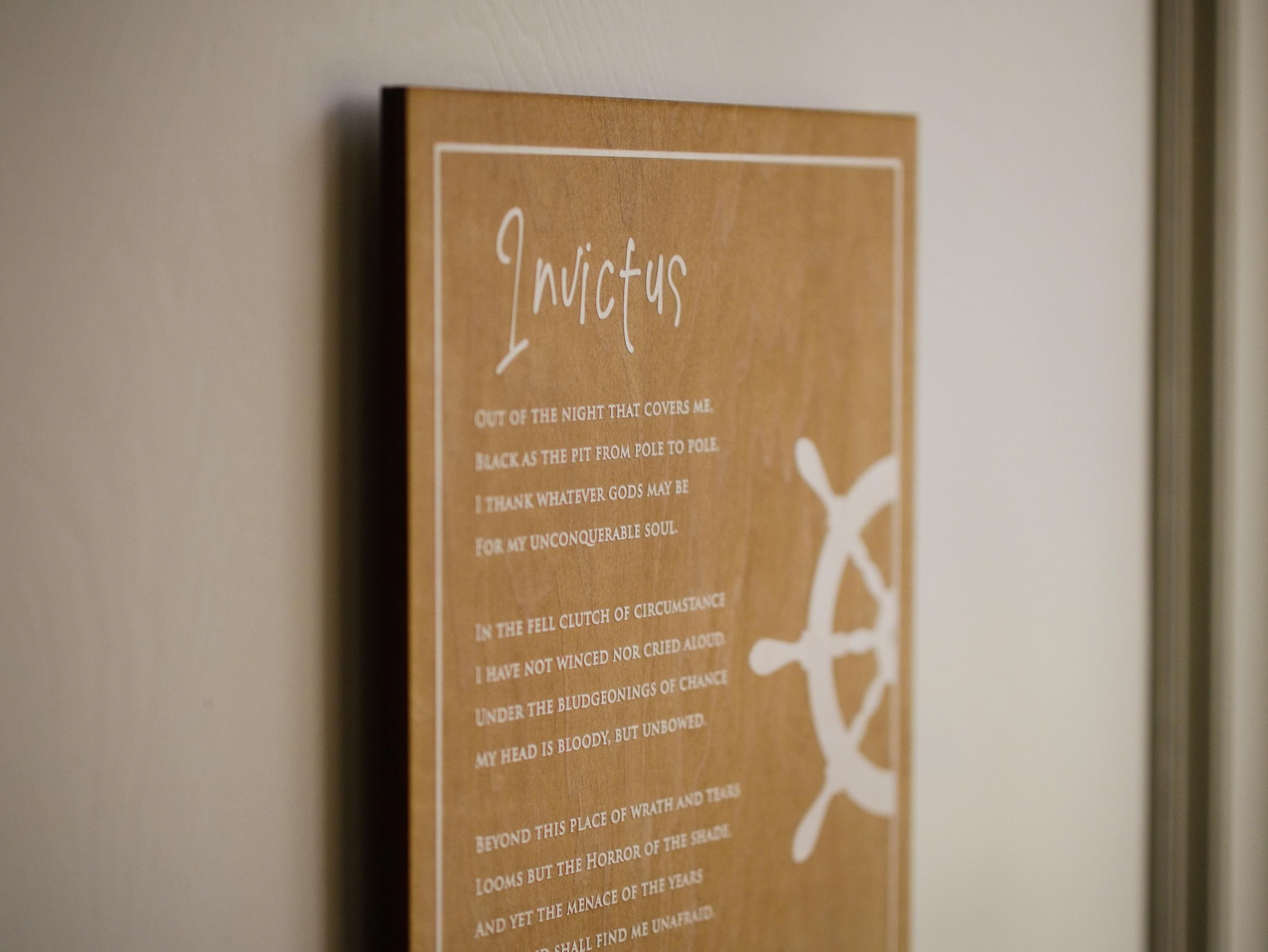 Engraved “Invictus” Poem Wood Plaque by William Ernest Henley – Inspirational Literary Wall Art – Graduation Gift