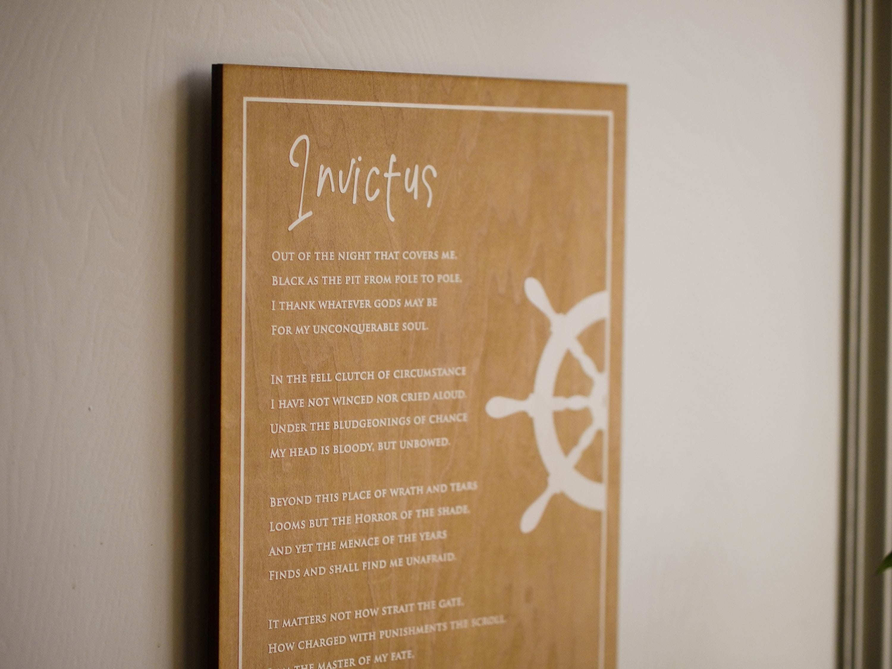 Engraved “Invictus” Poem Wood Plaque by William Ernest Henley – Inspirational Literary Wall Art – Graduation Gift