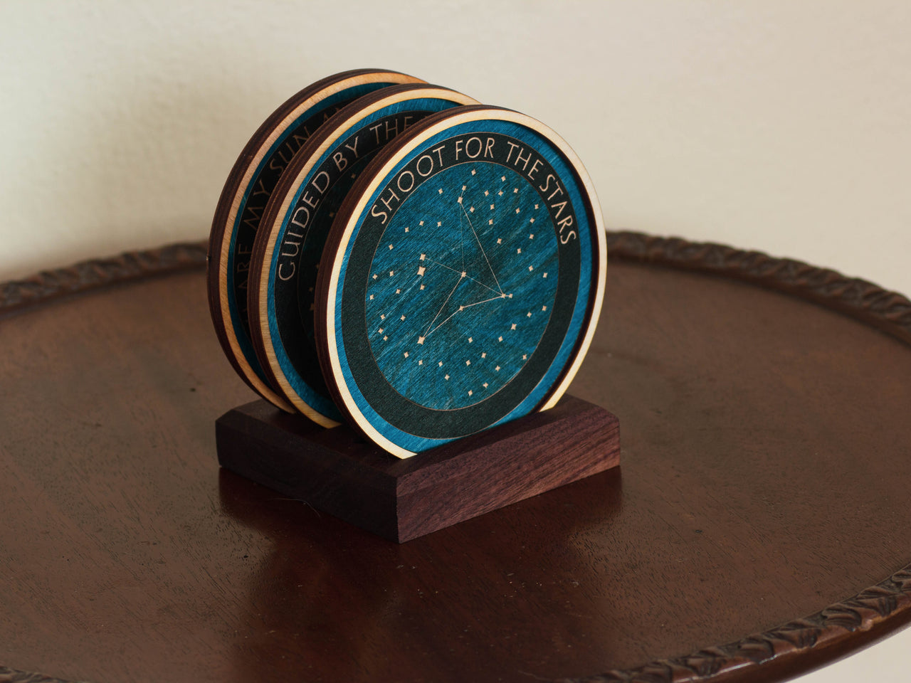 Personalized constellation wooden coasters.