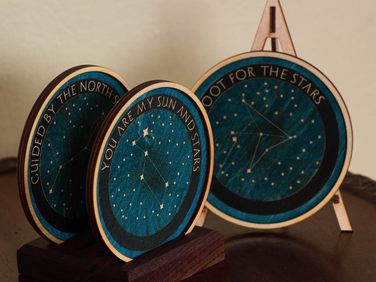 Personalized constellation wooden coasters.