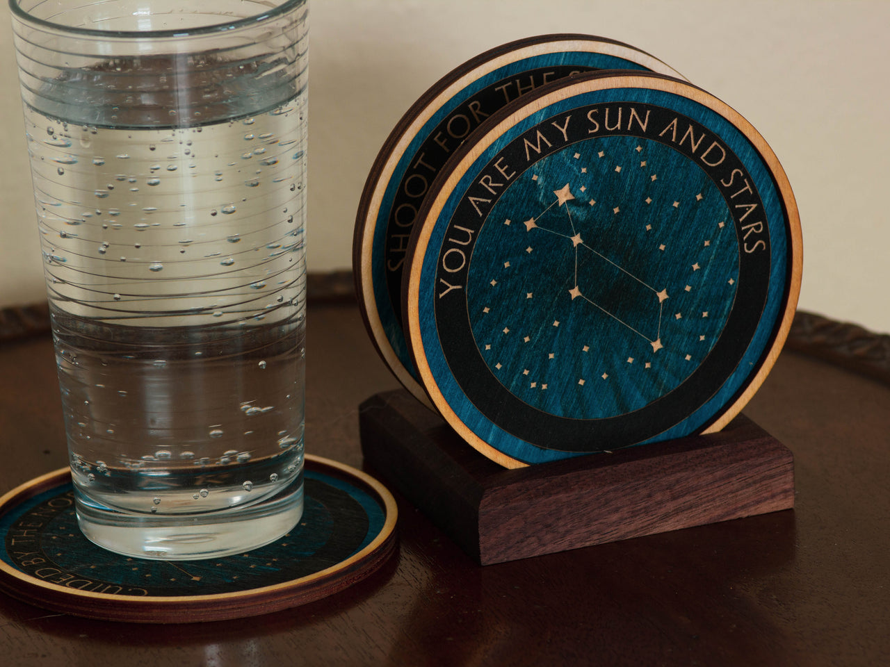 Personalized constellation wooden coasters.